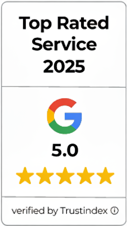 Top Rated Service 2025 logo with Google, five stars, verified by Trustindex.